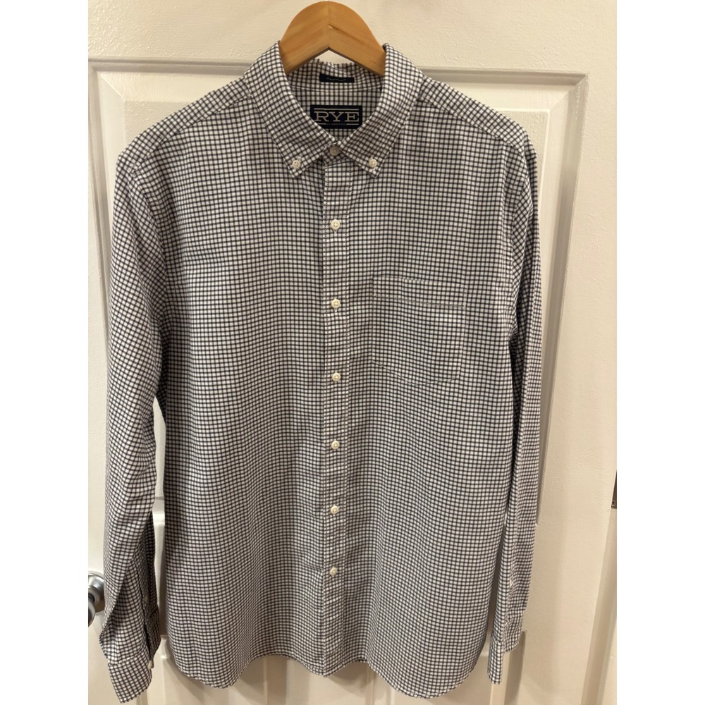 Hawker Rye Mens Large Regular Fit Gingham Button Down Shirt Navy White Check